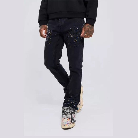 Boohoo Men's Skinny Flare Panel Paint Splatter Jeans - 28R - Picture 1 of 8